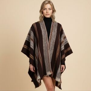 Native Navajo Boho Striped Alpaca Blend Wool Fringe Hem Poncho
